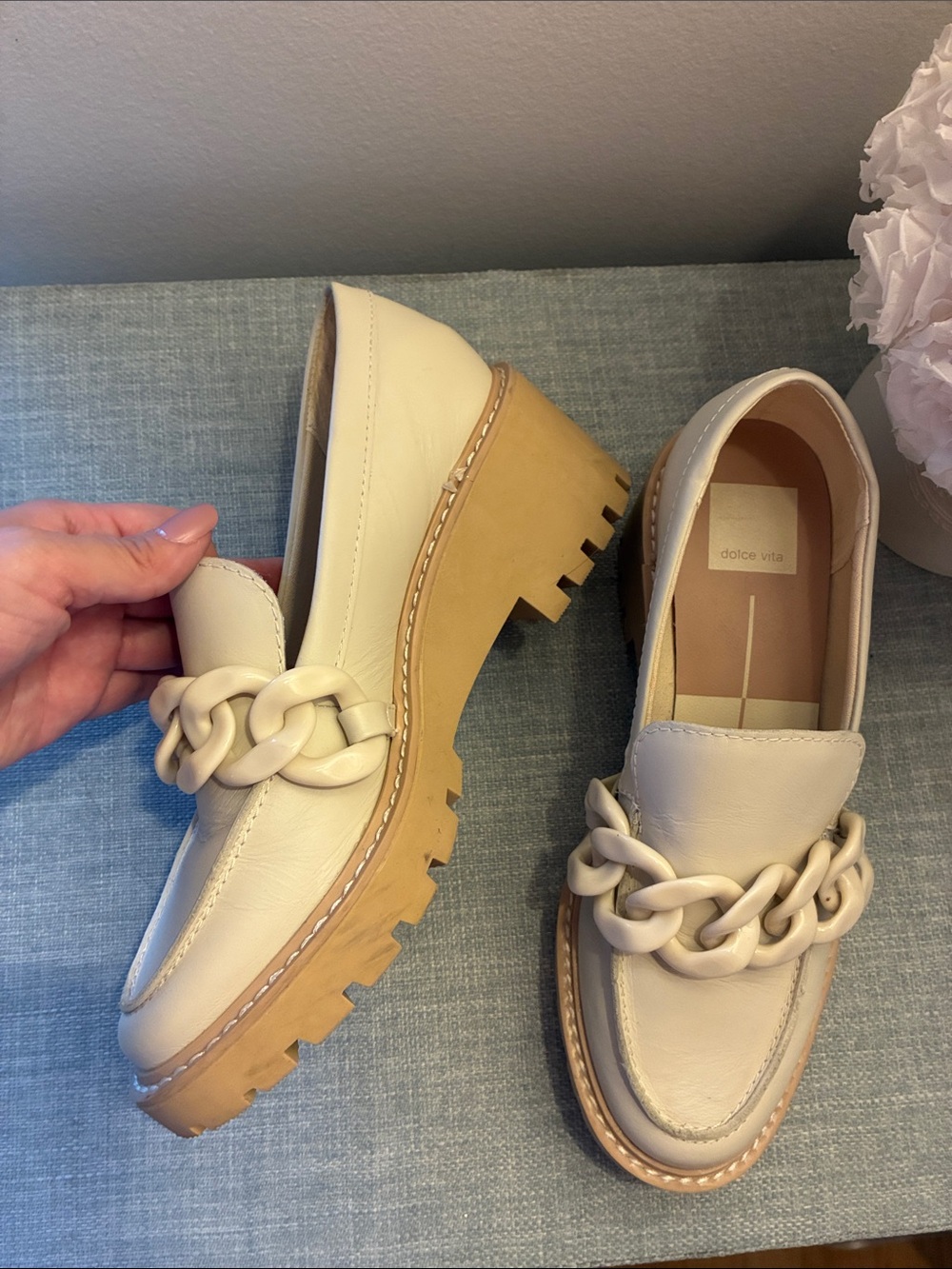 Dolce Vita Cream Leather Loafers with Chunky Chain